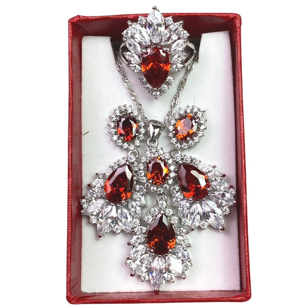 Orange Red Marquise‎ Crystal Pendant Necklace Earrings Ring Jewelry Set Gift Box